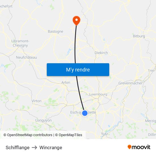 Schifflange to Wincrange map