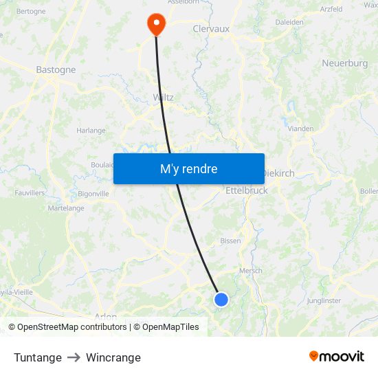 Tuntange to Wincrange map