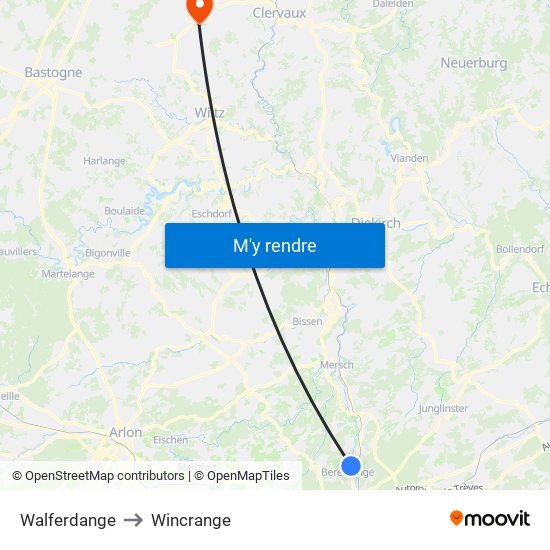 Walferdange to Wincrange map