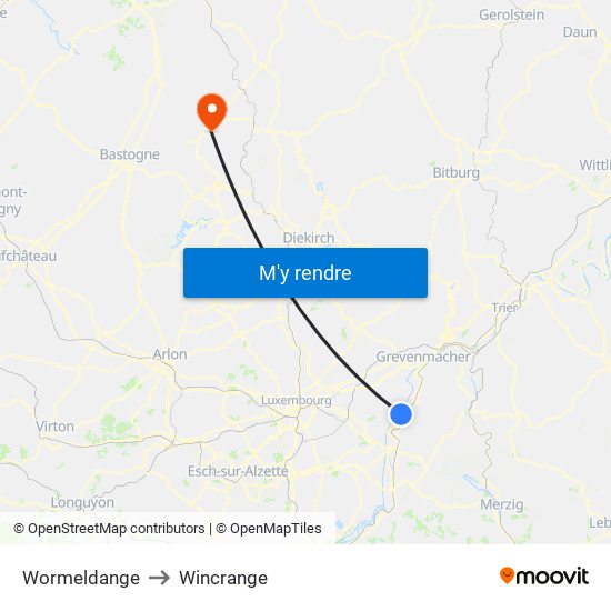 Wormeldange to Wincrange map