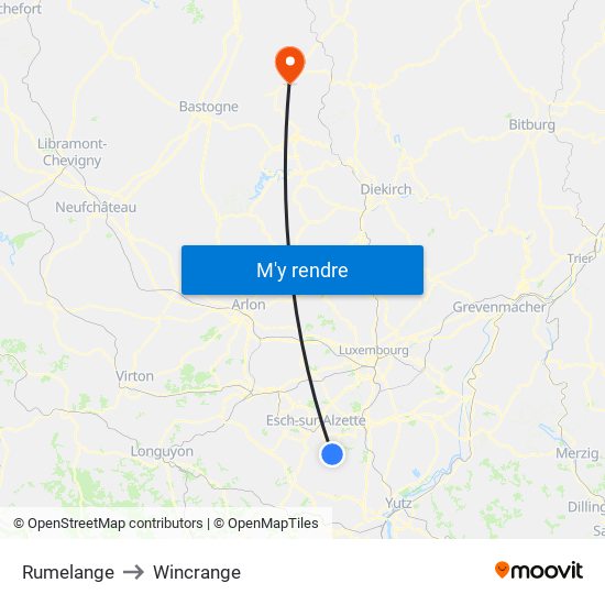 Rumelange to Wincrange map