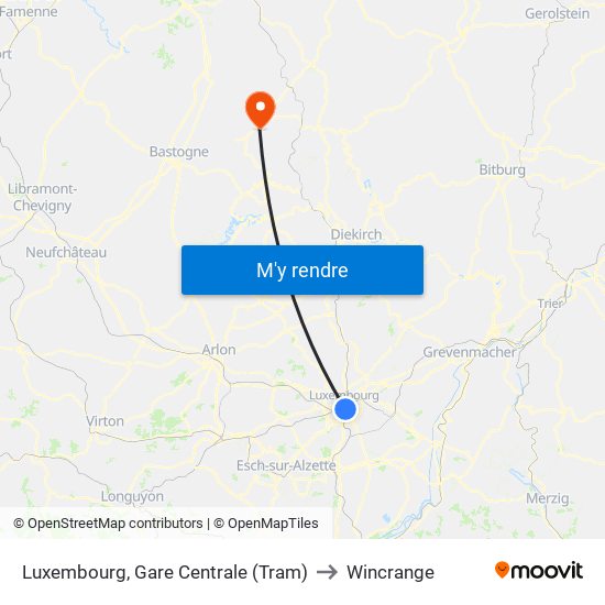 Luxembourg, Gare Centrale (Tram) to Wincrange map