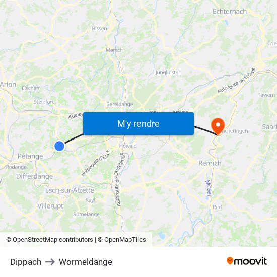 Dippach to Wormeldange map
