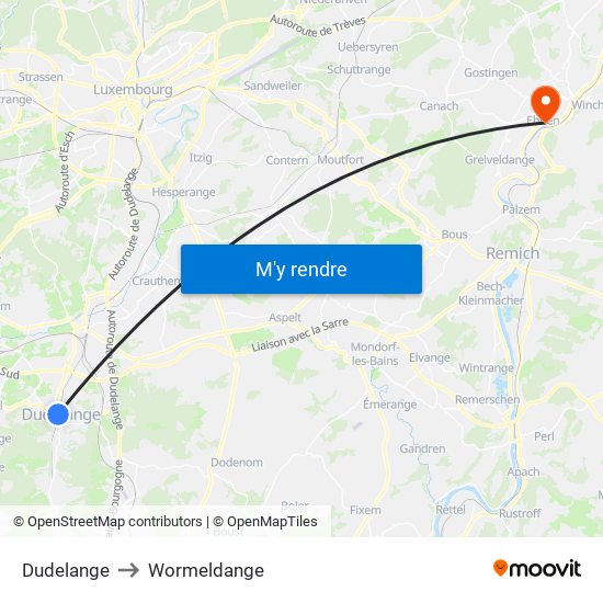 Dudelange to Wormeldange map