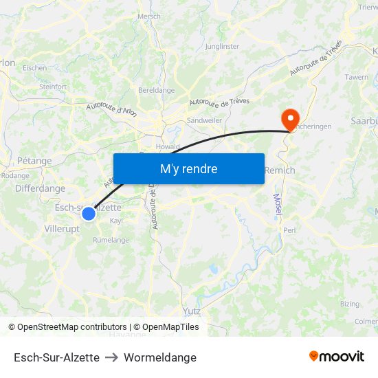 Esch-Sur-Alzette to Wormeldange map