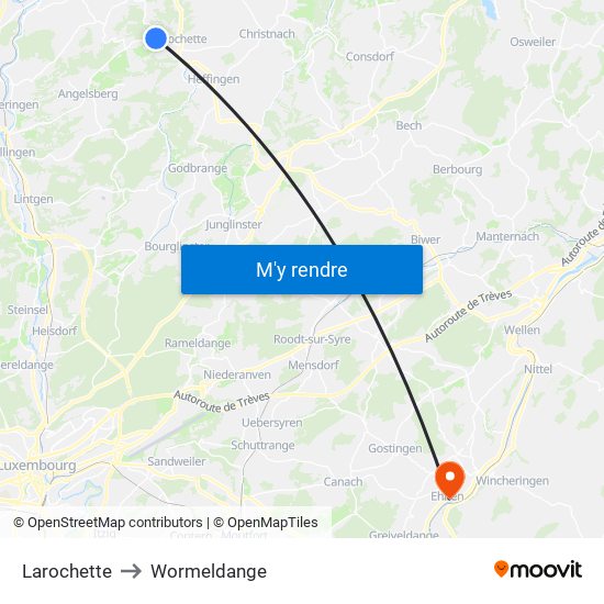 Larochette to Wormeldange map