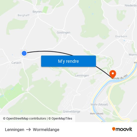 Lenningen to Wormeldange map