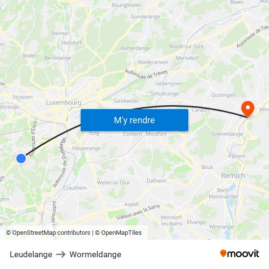 Leudelange to Wormeldange map