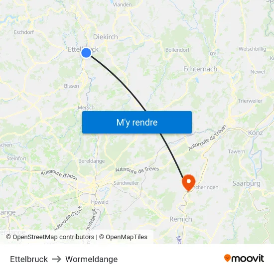Ettelbruck to Wormeldange map