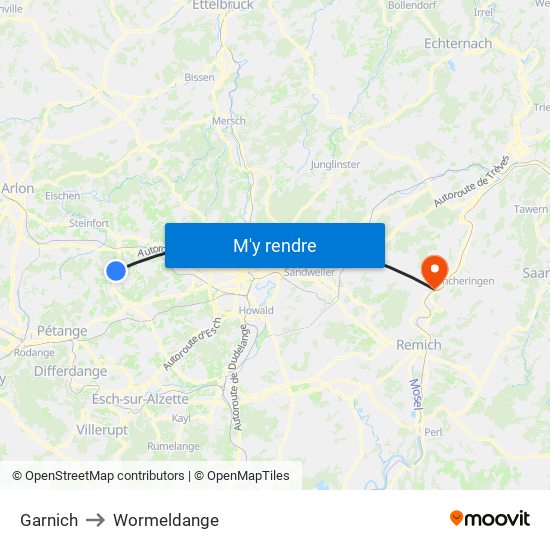 Garnich to Wormeldange map