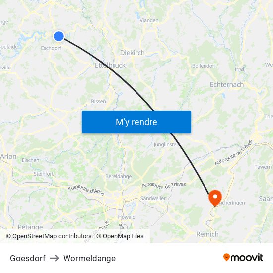Goesdorf to Wormeldange map