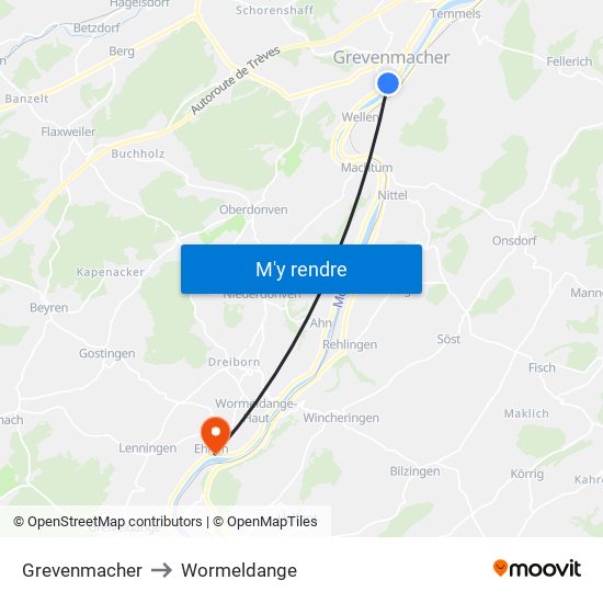 Grevenmacher to Wormeldange map