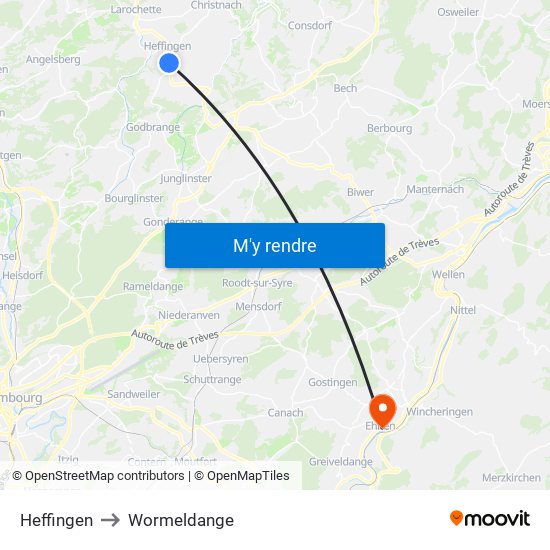 Heffingen to Wormeldange map