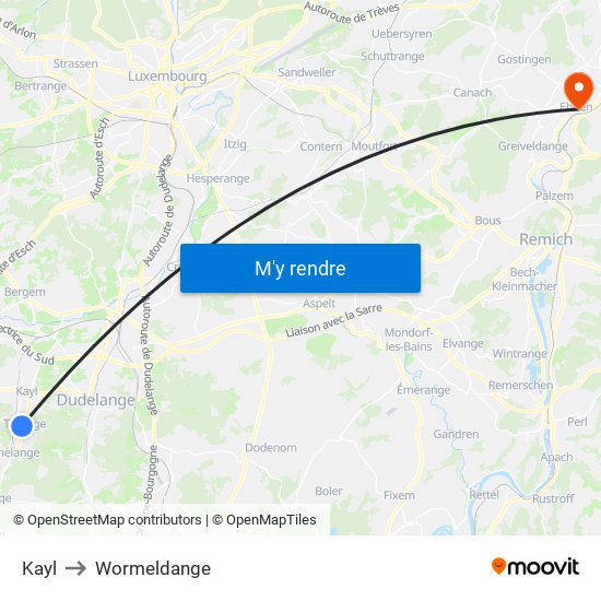 Kayl to Wormeldange map