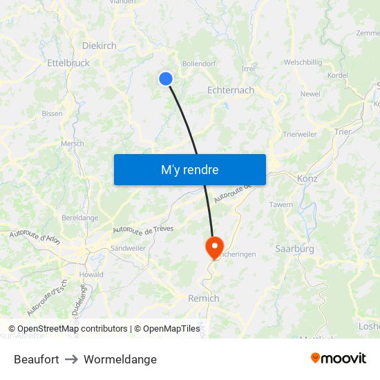 Beaufort to Wormeldange map