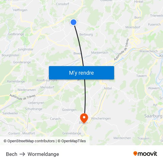 Bech to Wormeldange map