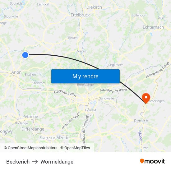 Beckerich to Wormeldange map