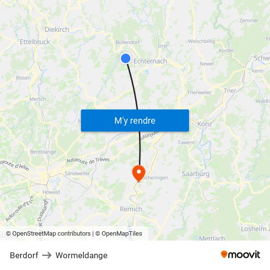 Berdorf to Wormeldange map