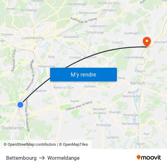 Bettembourg to Wormeldange map