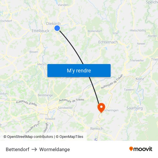 Bettendorf to Wormeldange map