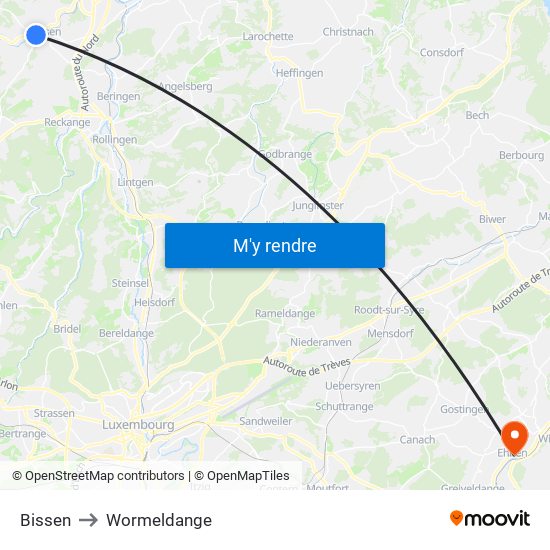 Bissen to Wormeldange map