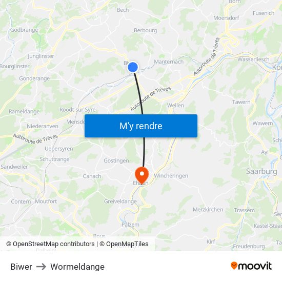 Biwer to Wormeldange map