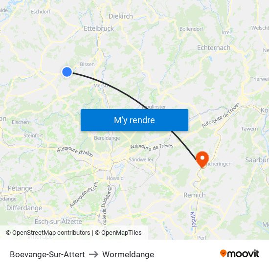 Boevange-Sur-Attert to Wormeldange map