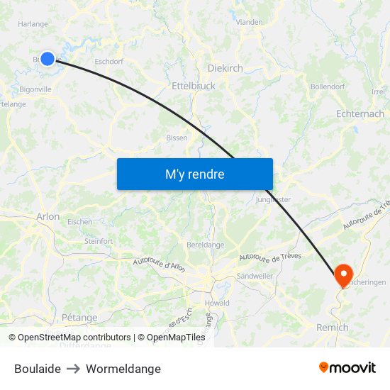 Boulaide to Wormeldange map