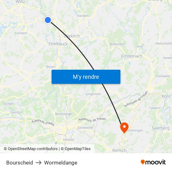 Bourscheid to Wormeldange map