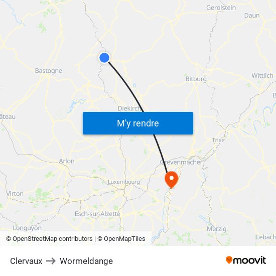 Clervaux to Wormeldange map