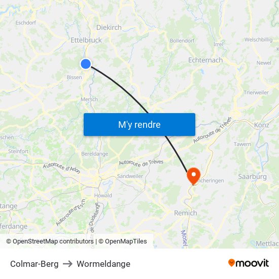 Colmar-Berg to Wormeldange map