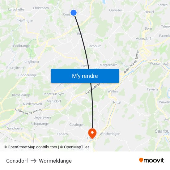 Consdorf to Wormeldange map