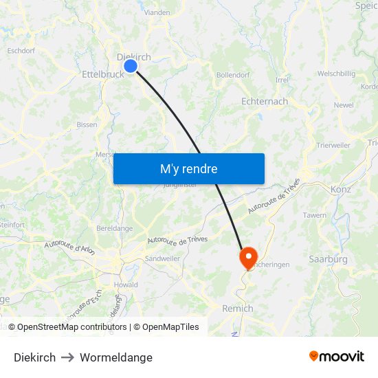 Diekirch to Wormeldange map