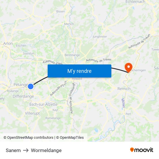 Sanem to Wormeldange map