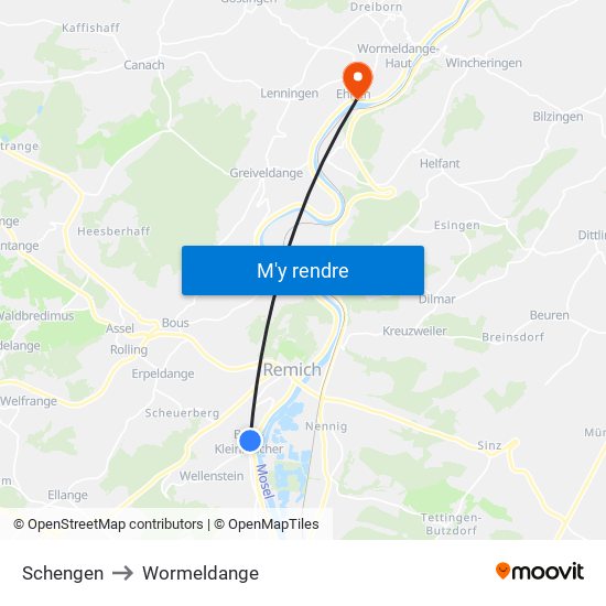 Schengen to Wormeldange map