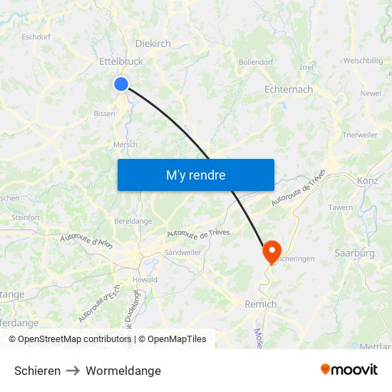 Schieren to Wormeldange map