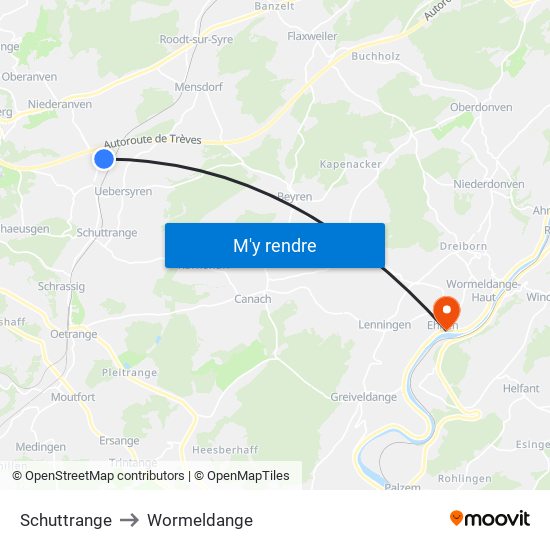 Schuttrange to Wormeldange map