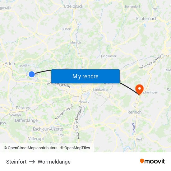 Steinfort to Wormeldange map