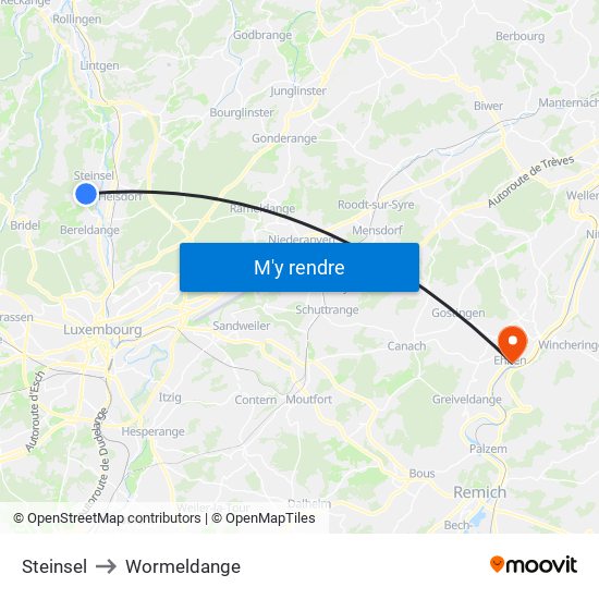 Steinsel to Wormeldange map