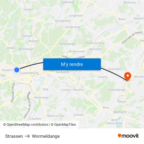 Strassen to Wormeldange map