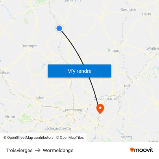 Troisvierges to Wormeldange map