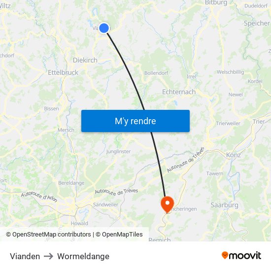 Vianden to Wormeldange map