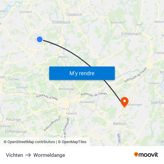 Vichten to Wormeldange map