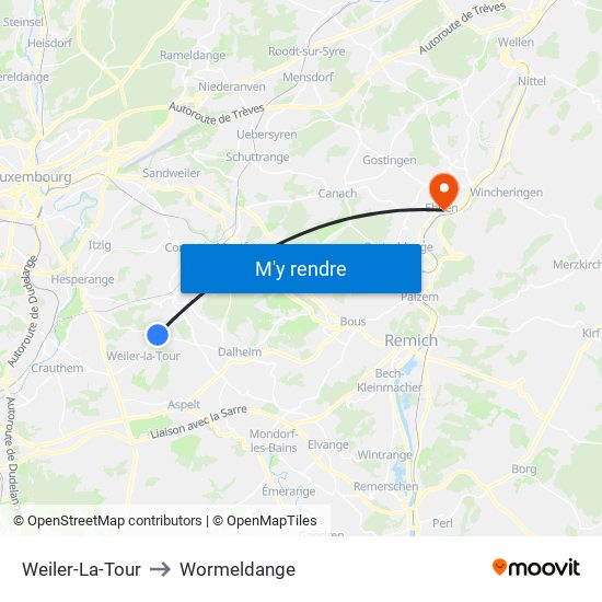 Weiler-La-Tour to Wormeldange map