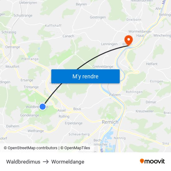 Waldbredimus to Wormeldange map