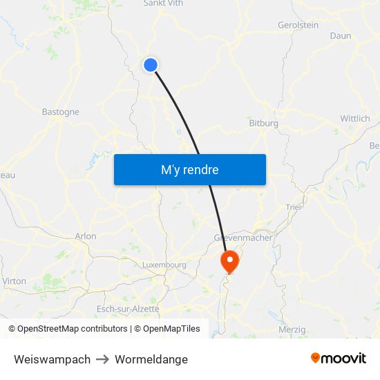 Weiswampach to Wormeldange map