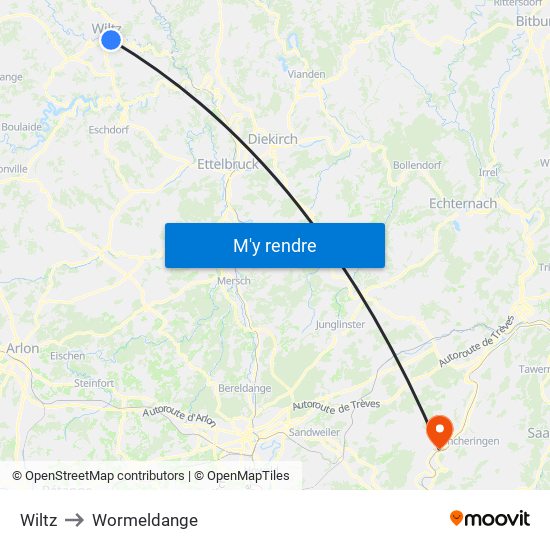 Wiltz to Wormeldange map