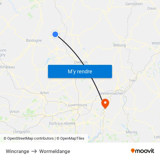 Wincrange to Wormeldange map