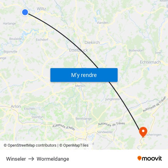 Winseler to Wormeldange map