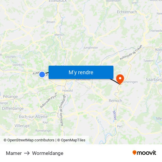 Mamer to Wormeldange map